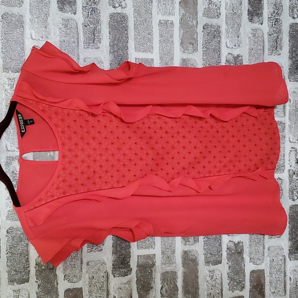 Express womens medium blouse short ruffle sleeve red w center embroidery detail